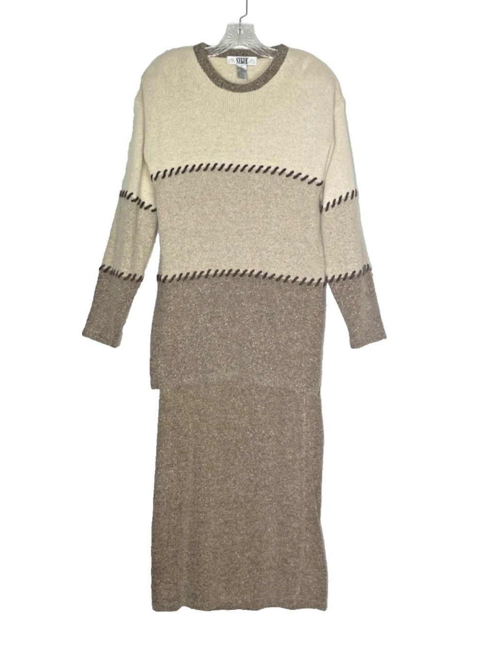 Vintage 80s Retro Segue Beige Sweater Skirt Set Dress Oversized Women's Size M